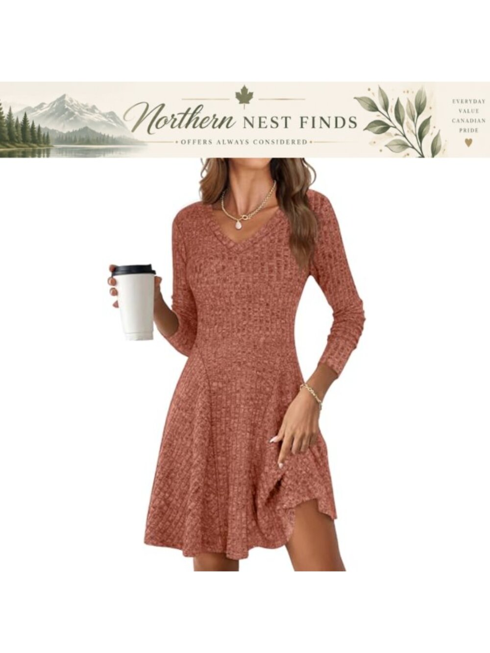 Women Ribbed Knit A-Line Sweater Dress Long Sleeve Knee Length Casual